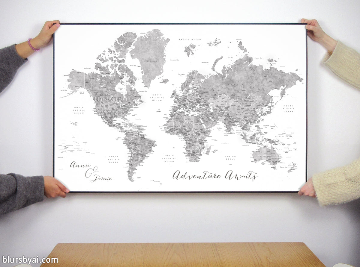 Art print on paper: custom world map with state capitals, cities and countries in grayscale watercolor. "Jimmy"