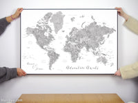 Art print on paper: custom world map with state capitals, cities and countries in grayscale watercolor. "Jimmy"