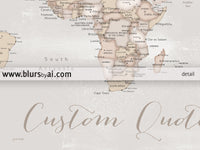 Custom world map with cities, canvas print or push pin map in rustic style. "Lucille"
