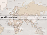 Custom world map with cities, canvas print or push pin map in rustic style. "Lucille"