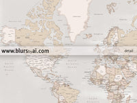 Custom world map with cities, canvas print or push pin map in rustic style. "Lucille"