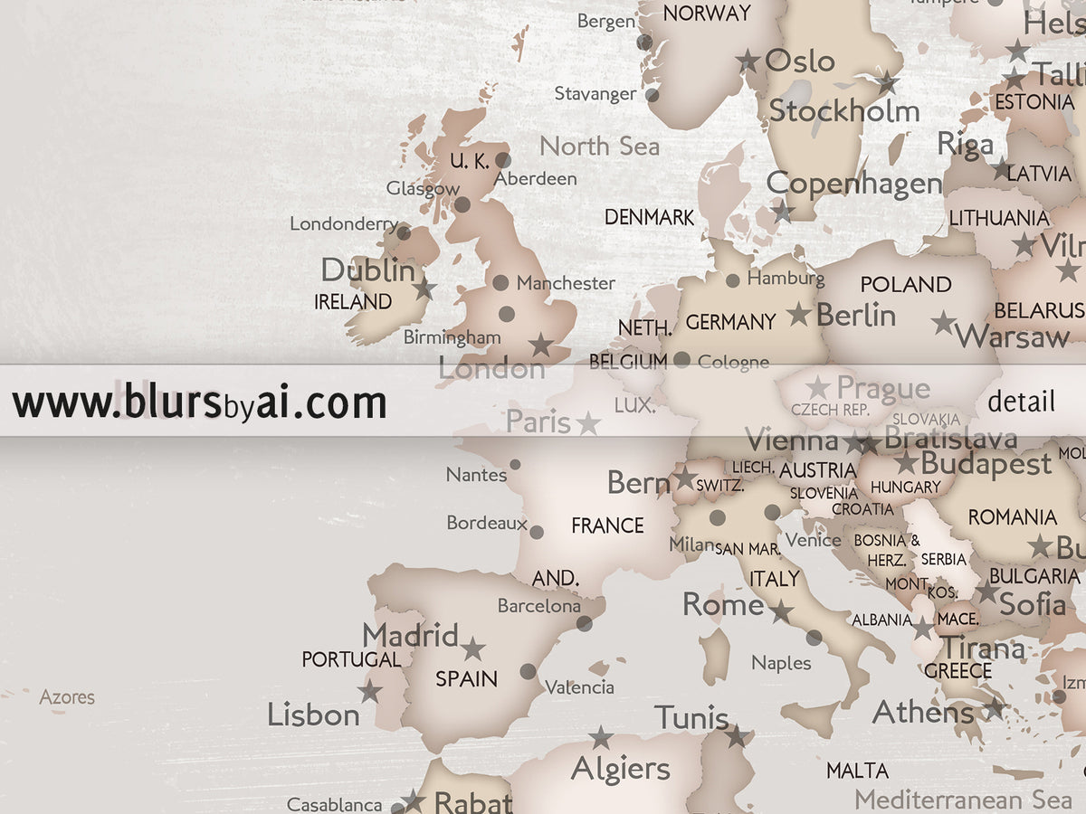 Custom world map with cities, canvas print or push pin map in rustic style. "Lucille"
