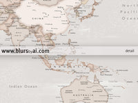 Custom world map with cities, canvas print or push pin map in rustic style. "Lucille"