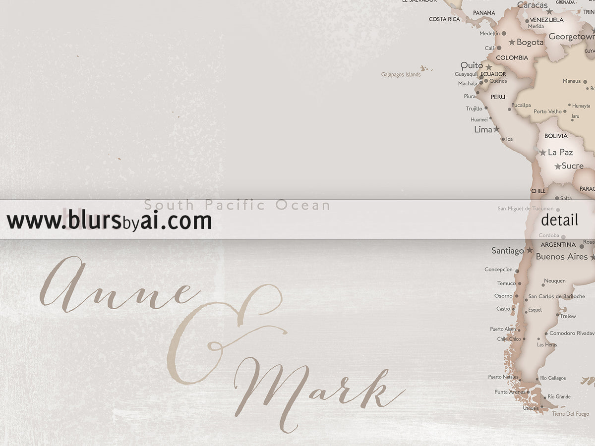 Custom world map with cities, canvas print or push pin map in rustic style. "Lucille"