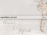 Custom world map with cities, canvas print or push pin map in rustic style. "Lucille"