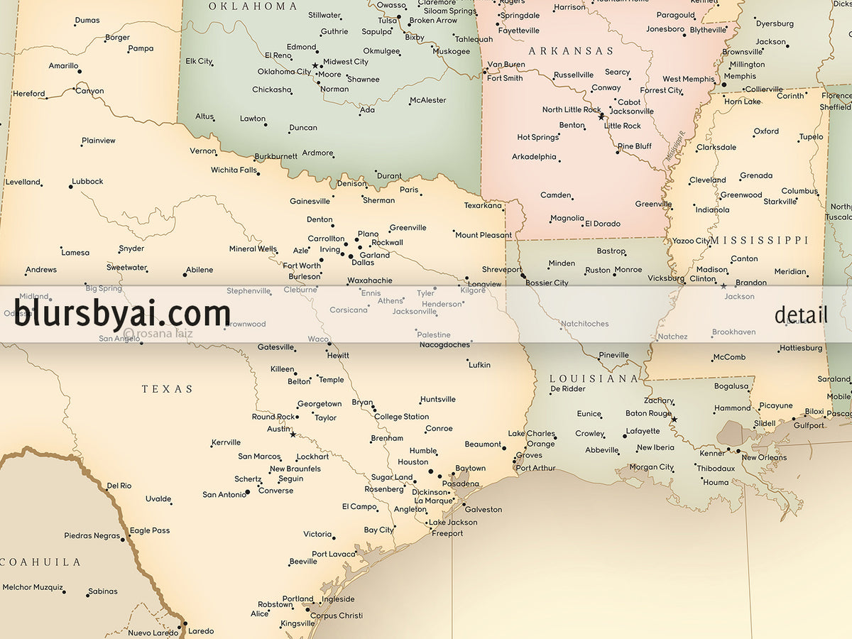 Custom print: map of the United States with cities in vintage style. "Librarian"