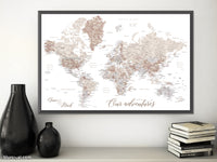 Custom print: world map with cities in neutral watercolor. "Abey"