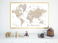 Custom print: world map with countries and states in neutral watercolor. "Abey"