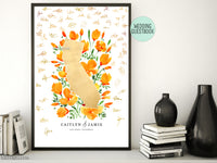 Custom map print: map of California with California poppies