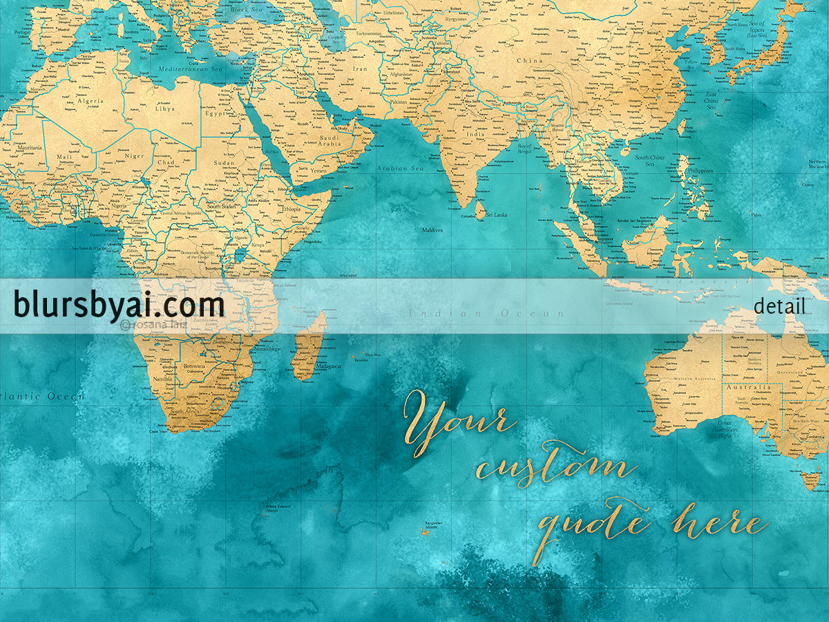 Custom world map print - highly detailed map with cities in teal and gold. "Lexy"