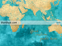 Custom world map print - highly detailed map with cities in teal and gold. "Lexy"