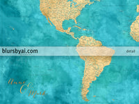 Custom world map print - highly detailed map with cities in teal and gold. "Lexy"