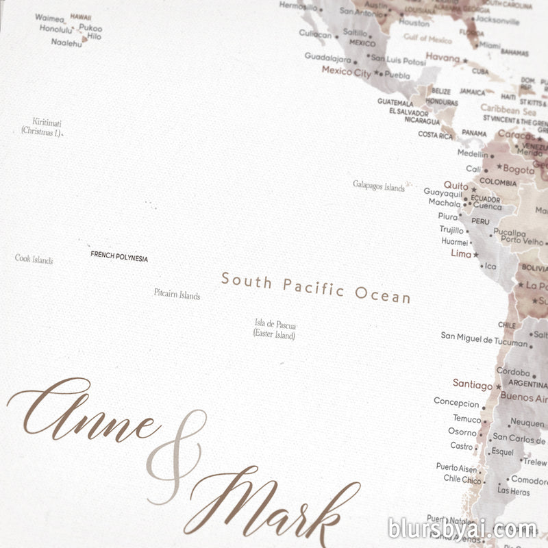 Custom watercolor world map with cities, canvas print or push pin map. "Abey "