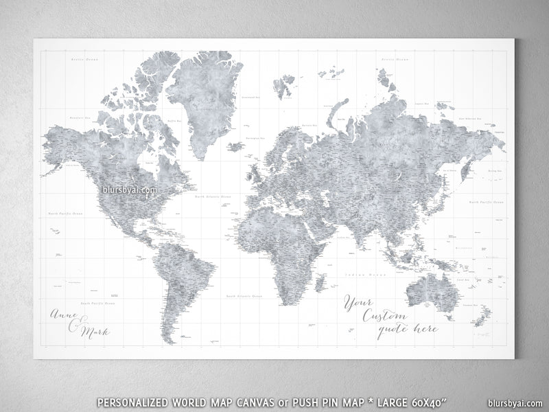 Custom large & highly detailed world map canvas print or push pin map, grayscale watercolor. "Jimmy"