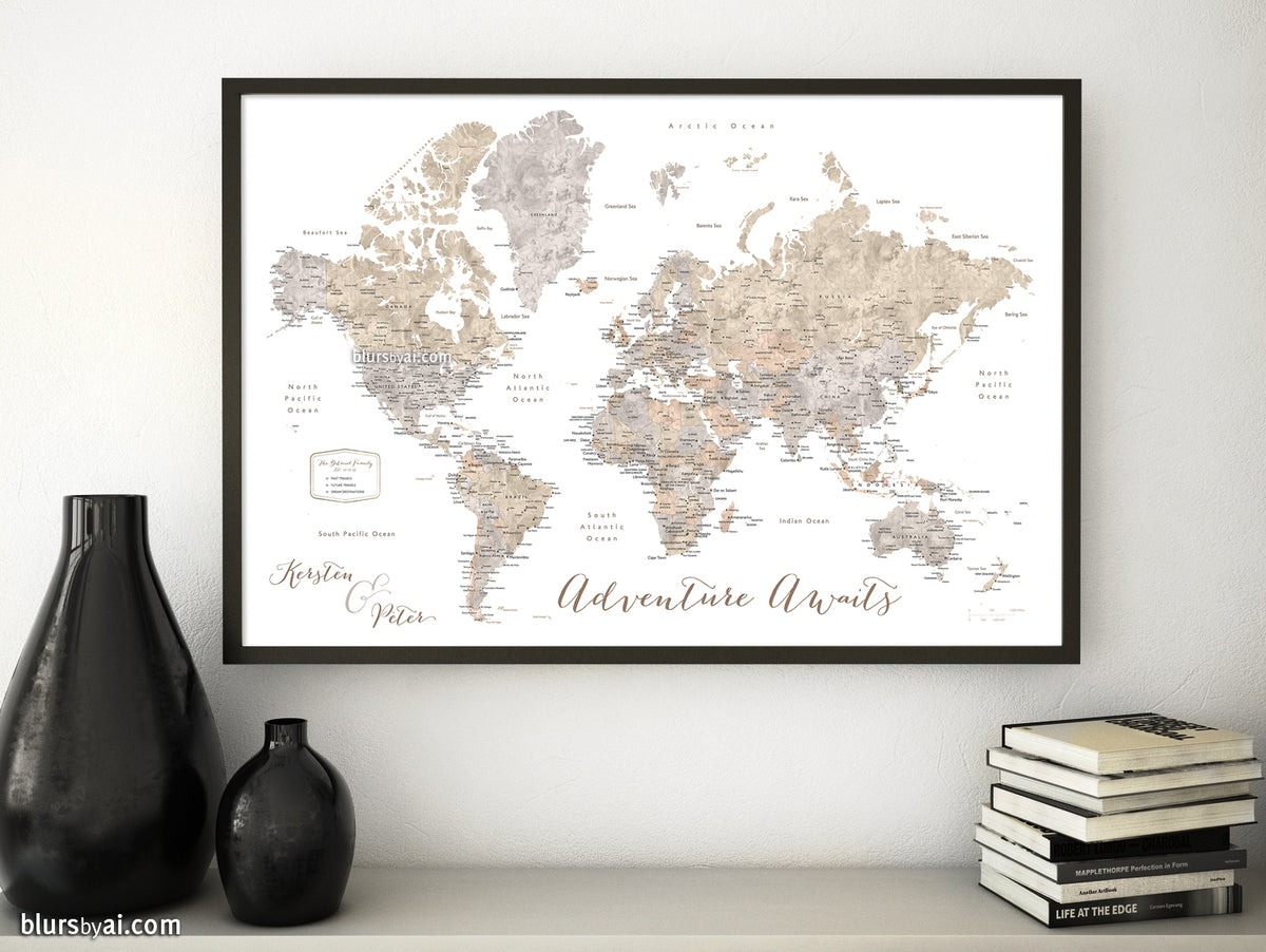 Custom print: world map with cities in taupe, cream and grey neutral watercolor. "Abey"