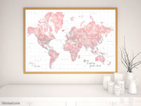 Custom world map print - blush watercolor highly detailed map with cities. "Alheli"