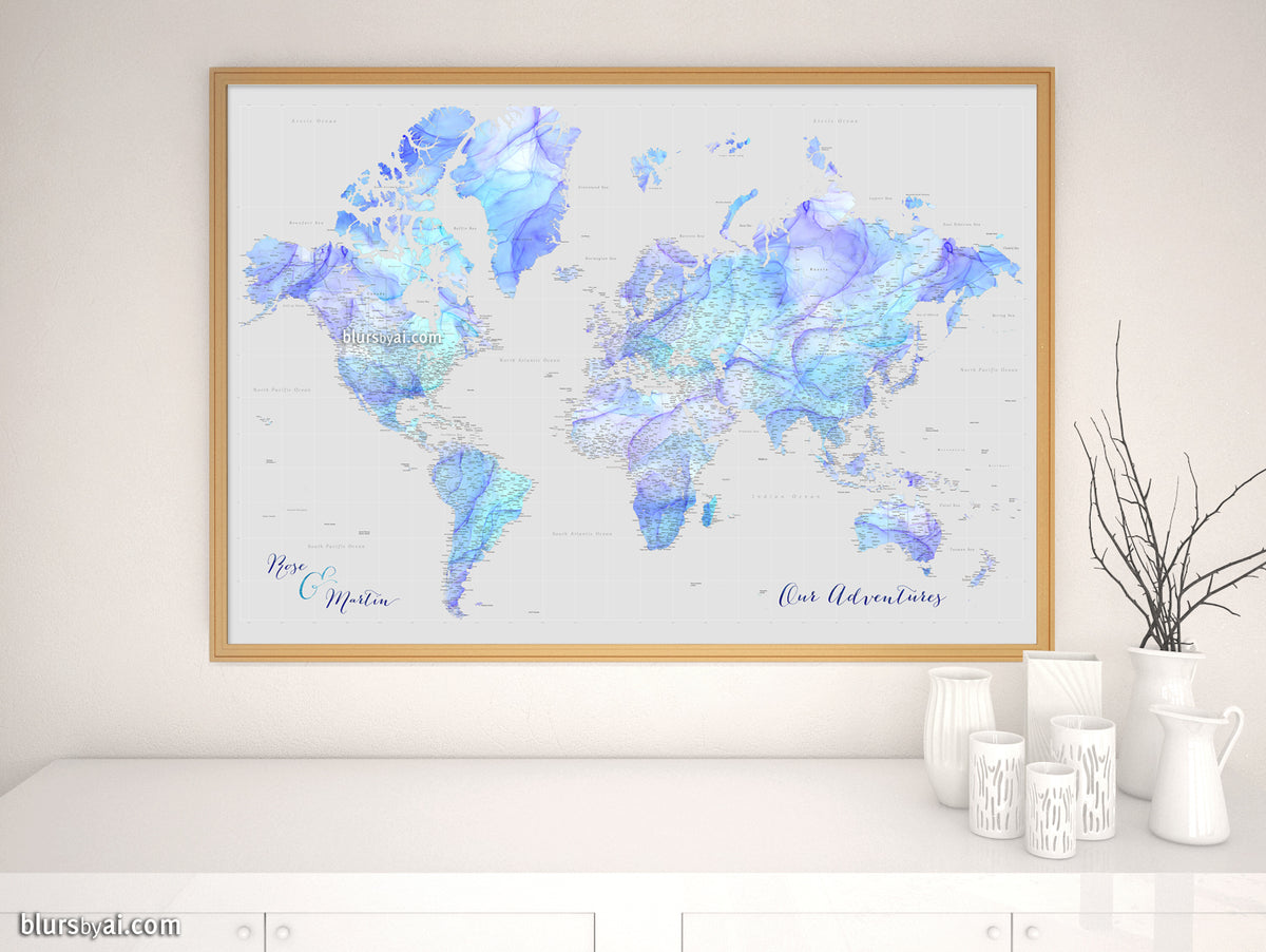 Custom world map print - highly detailed map with cities in fluid alcohol ink style. "Arella"