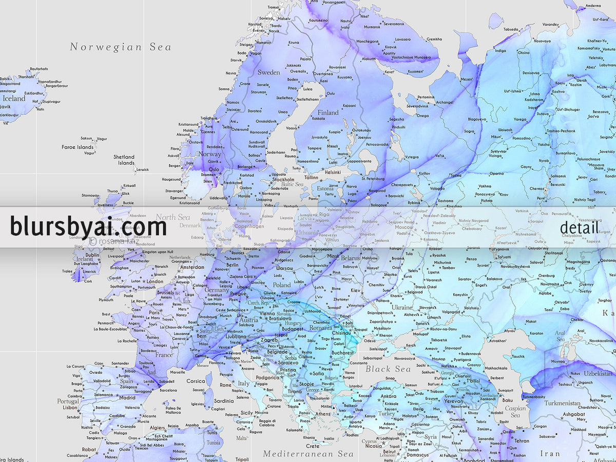Custom world map print - highly detailed map with cities in fluid alcohol ink style. "Arella"