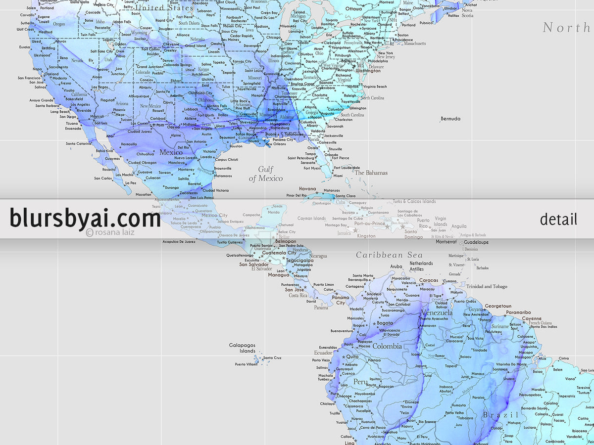 Custom world map print - highly detailed map with cities in fluid alcohol ink style. "Arella"