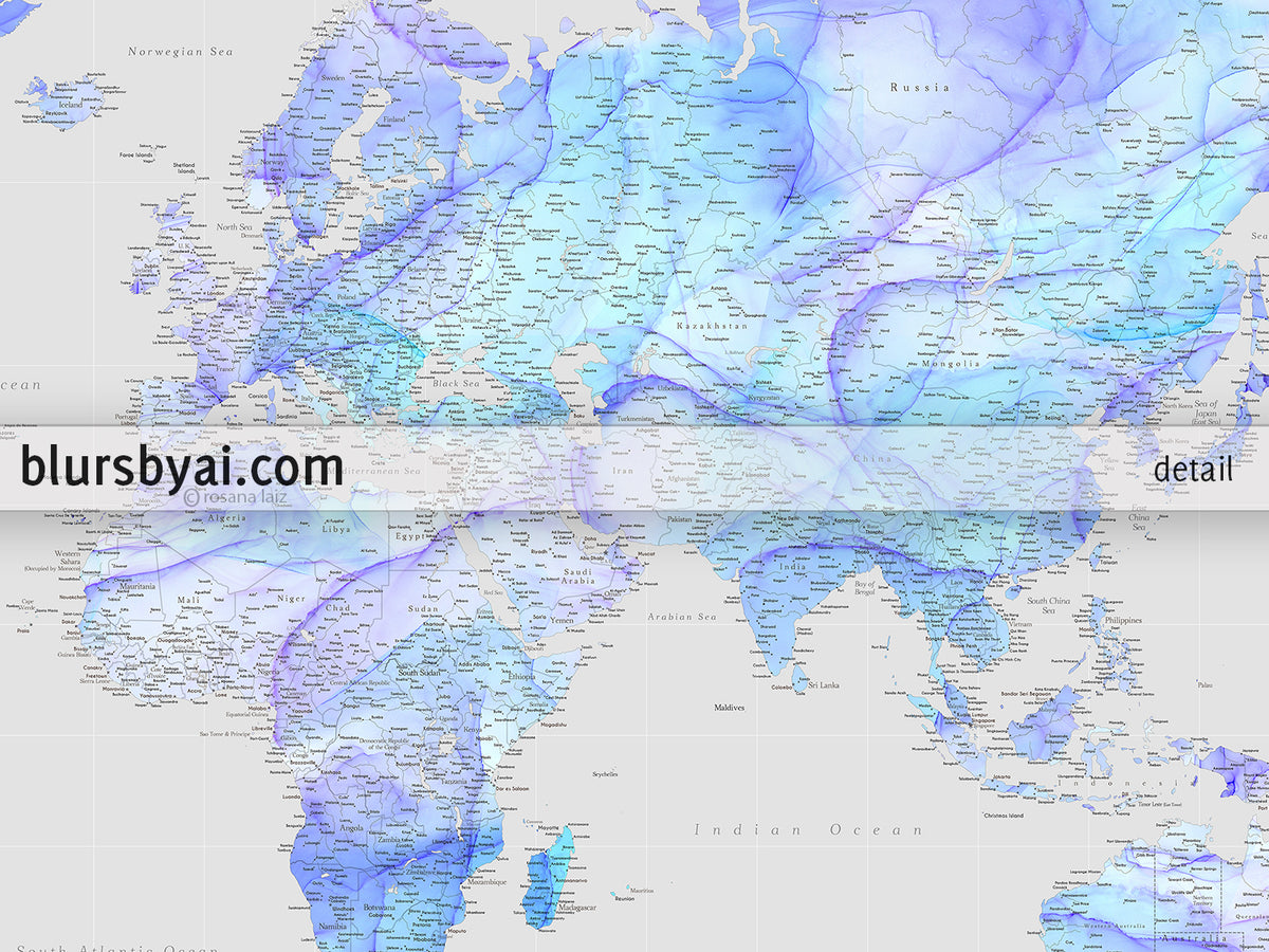 Custom world map print - highly detailed map with cities in fluid alcohol ink style. "Arella"