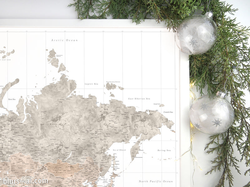 Custom world map print - highly detailed map with cities in neutral watercolor. "Abey"