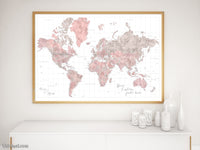 Custom world map print - highly detailed map with cities in dusty pink and grey. "Piper"
