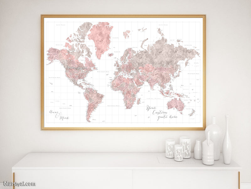 Custom world map print - highly detailed map with cities in dusty pink and grey. "Piper"
