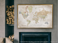 Custom large & highly detailed world map canvas print or push pin map in distresed fall colors. "Michelle"