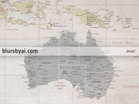 Custom world map print - highly detailed map with cities in fall distressed color. "Michelle"