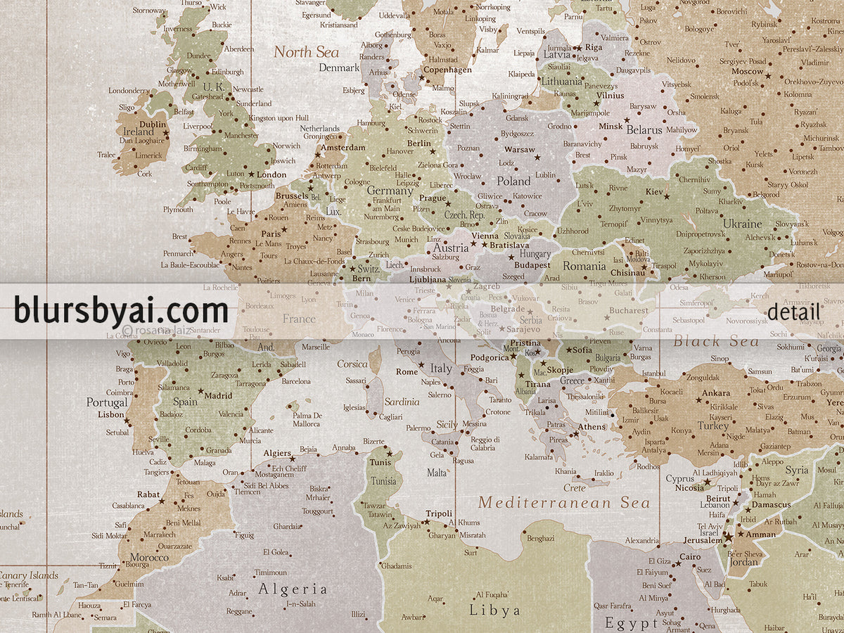 Custom world map print - highly detailed map with cities in fall distressed color. "Michelle"