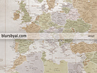 Custom world map print - highly detailed map with cities in fall distressed color. "Michelle"