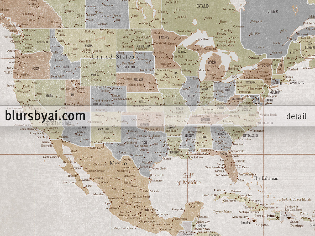 Custom world map print - highly detailed map with cities in fall distressed color. "Michelle"