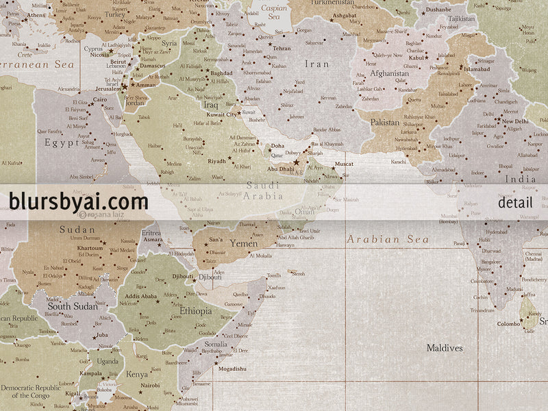 Custom world map print - highly detailed map with cities in fall distressed color. "Michelle"