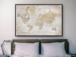 Custom large & highly detailed world map canvas print or push pin map in distresed fall colors. "Michelle"