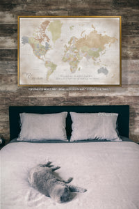 Custom large & highly detailed world map canvas print or push pin map in distresed fall colors. "Michelle"
