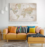 Custom large & highly detailed world map canvas print or push pin map in distresed fall colors. "Michelle"