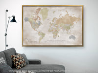 Custom large & highly detailed world map canvas print or push pin map in distresed fall colors. "Michelle"