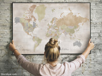 Custom world map print - highly detailed map with cities in fall distressed color. "Michelle"
