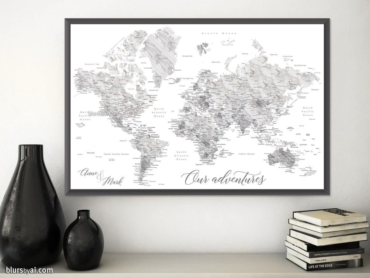 Custom print: marble world map with cities in light grey. "Clare"