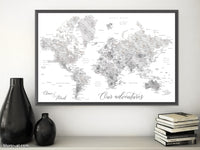 Custom print: marble world map with cities in light grey. "Clare"