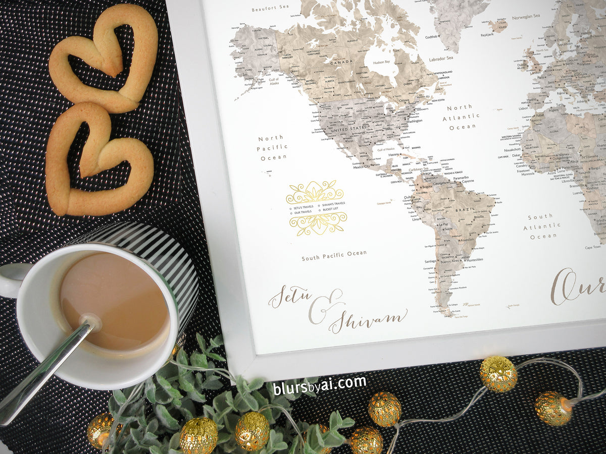 Custom print: world map with cities in taupe, cream and grey neutral watercolor. "Abey"