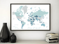 Custom map print: world map with countries and states in muted hues. "Muted beach"