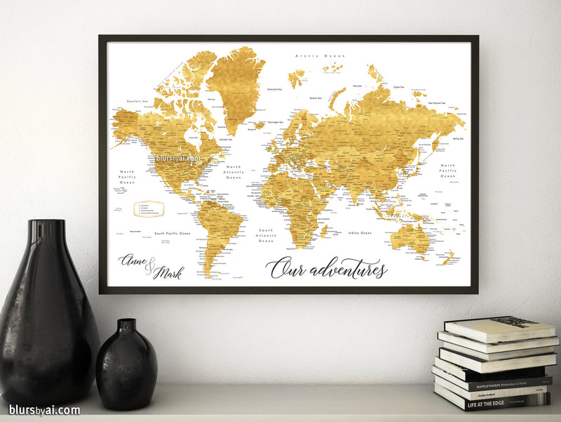 Wedding guestbook map print: gold world map with cities in faux gold foil effect. "Rossie"