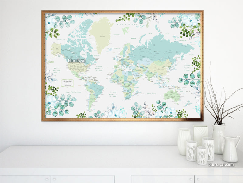Custom quote - Printable floral and greenery world map with cities, capitals, countries, US States... labeled
