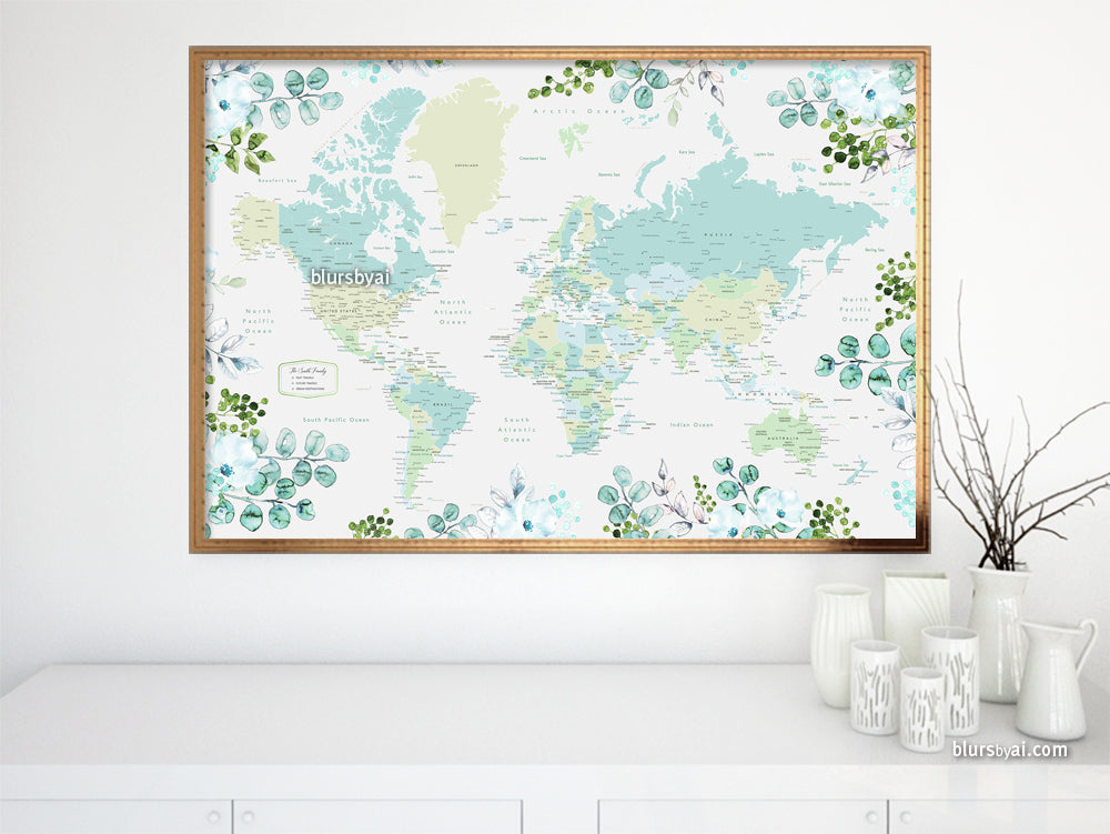 Custom print: world map with cities in green and blue, with watercolor florals and greenery