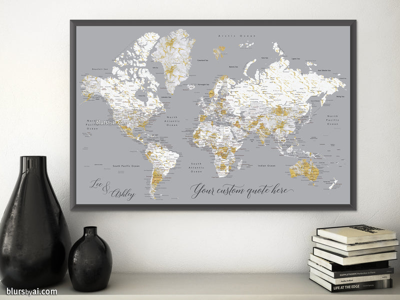 Custom print: marble world map with cities in gray and gold. "Reagan"