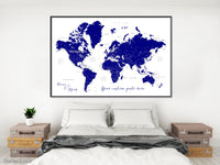 Custom map print: navy blue world map with cities, "Nevin"