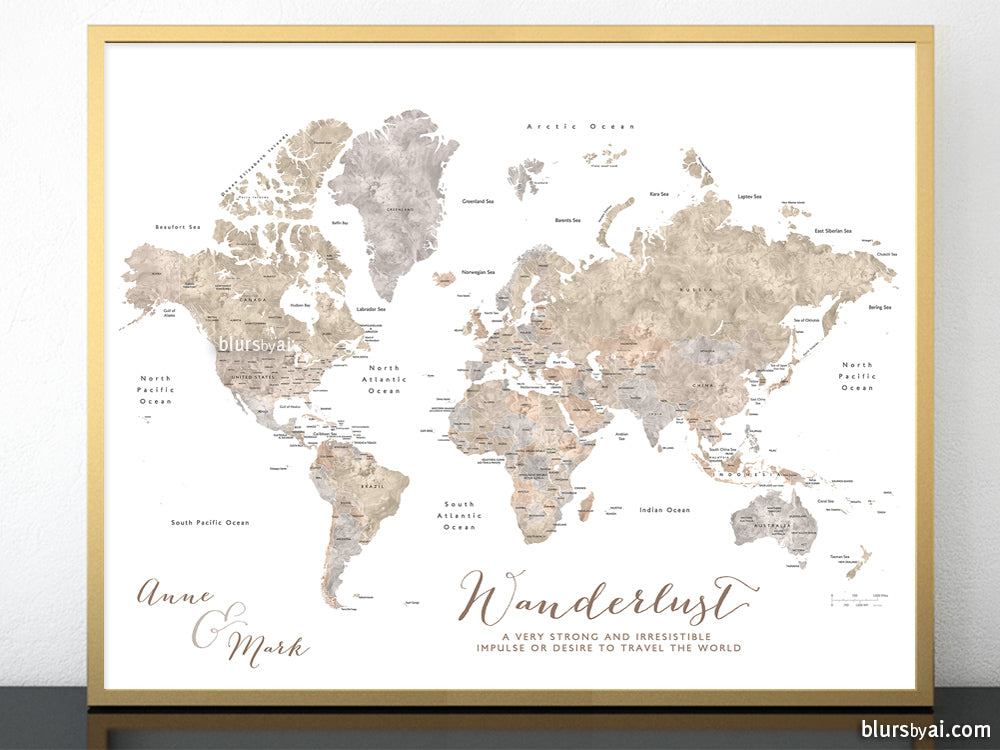 Custom print: world map with countries and states in neutral watercolor. "Abey"