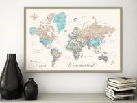Art print on paper: custom world map with cities in cream, turquoise and brown. "Romy"