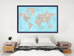 Custom world map print - highly detailed map with cities in light blue and brown watercolor. "Henry"